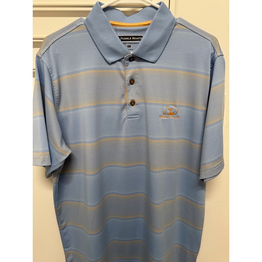 Pebble Beach Dry-Luxe Performance Mens Polo Shirt L Blue Striped Golf Short Slv